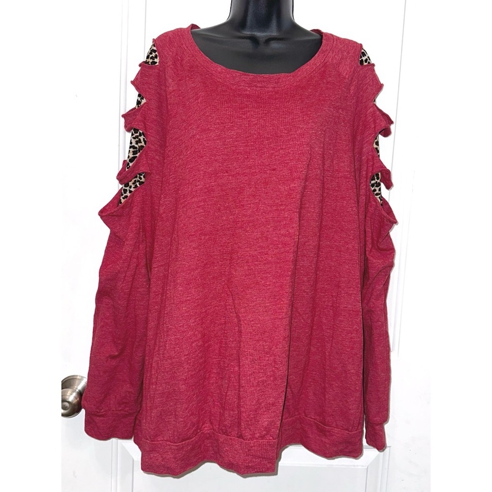 Sunshine & Rodeos Red top with Leopard Print Cutouts on sleeves